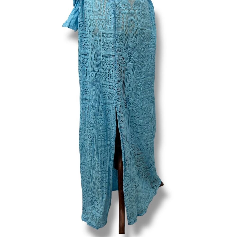 Becca Light Blue Collard Swimsuit Coverup Dress Large Cotton Guaze Lace Sheer - Picture 9 of 12